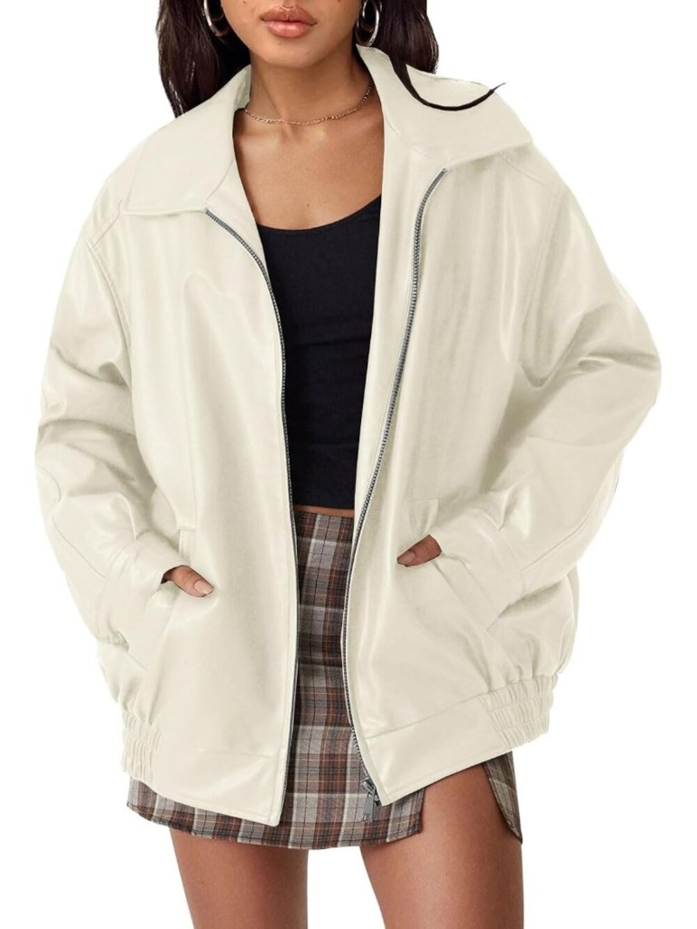 Women’s Beige Oversized Faux Leather Suede Moto Winter Biker Jacket